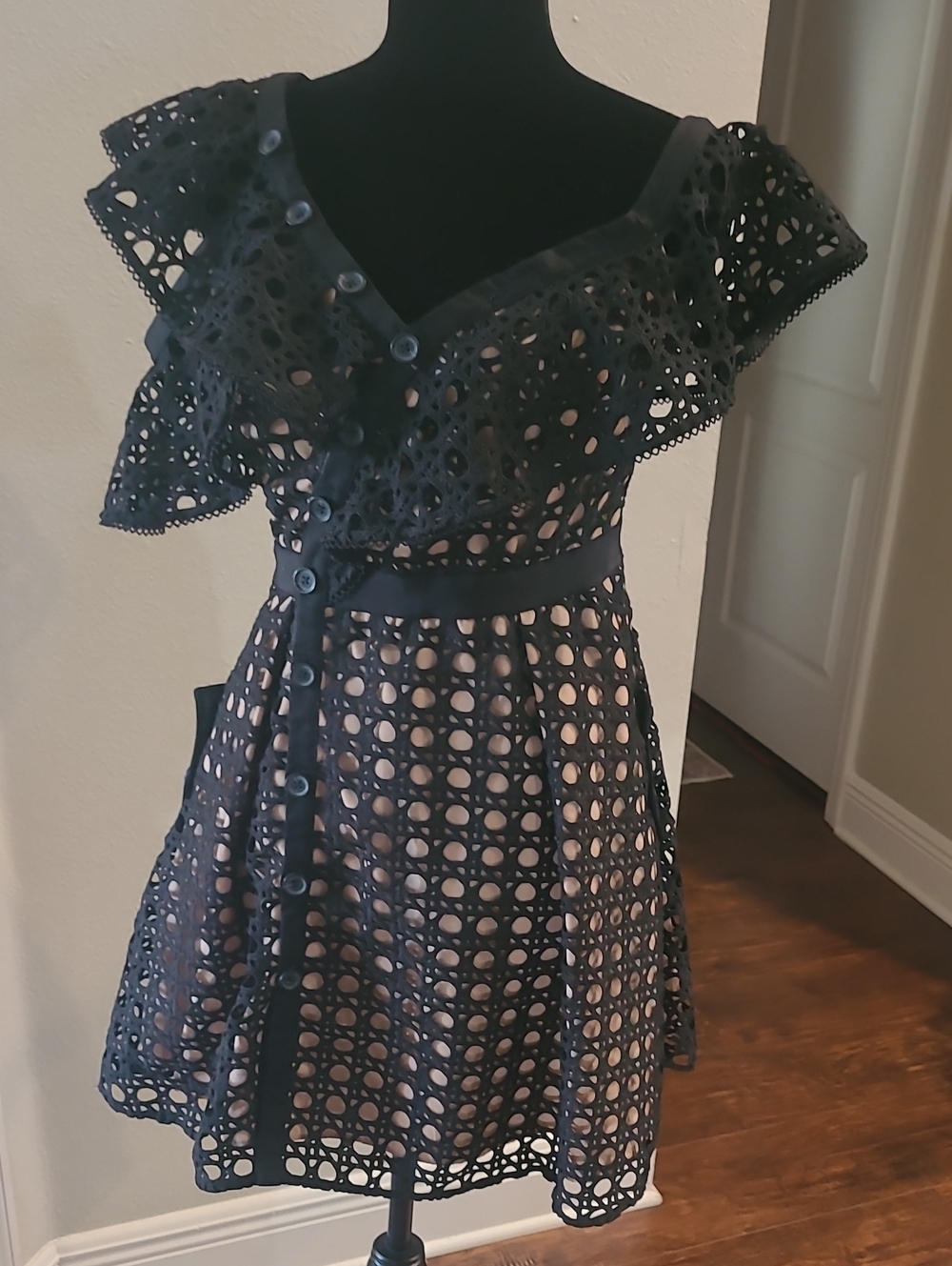 Swlf Portrait Black Eyelet A-Line Dress with Nude Lining Statement Party Evening